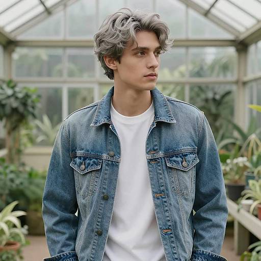 Photograph of a young man with curly gray hair, wearing a blue denim jacket over a white t-shirt, standing in a greenhouse filled with potted