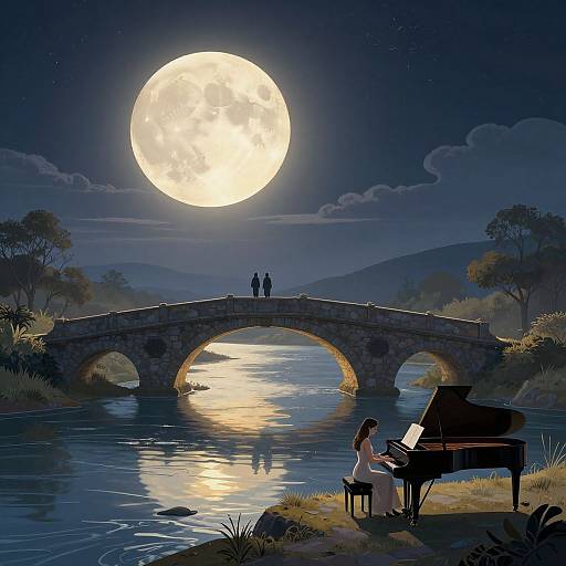 Digital illustration of a moonlit night, full moon over a stone bridge, pianist in white dress playing by a reflective river.