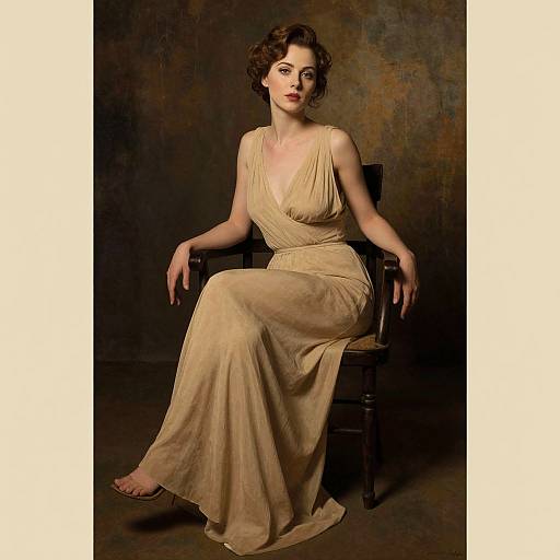 Photograph of a fair-skinned woman with short, curly brown hair, wearing a beige, V-neck, floor-length dress, seated on a dark