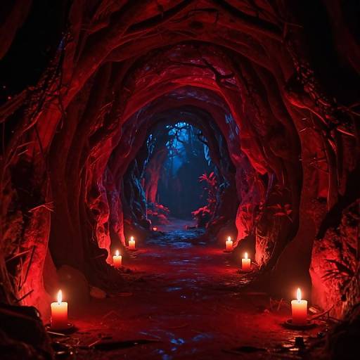 Photograph of a dimly lit, red-lit cave tunnel with glowing red candles lining the rocky path, leading to a blue-lit exit.
