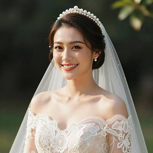 Photograph of an Asian bride with fair skin, dark hair in an updo, wearing an off-shoulder lace wedding dress, pearl headband