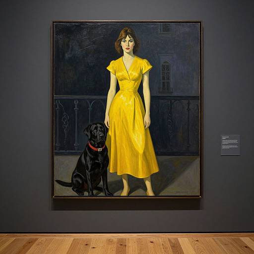 Photograph of a painting: A woman in a bright yellow dress stands beside a black dog with a red collar, set against a dark, shadowy