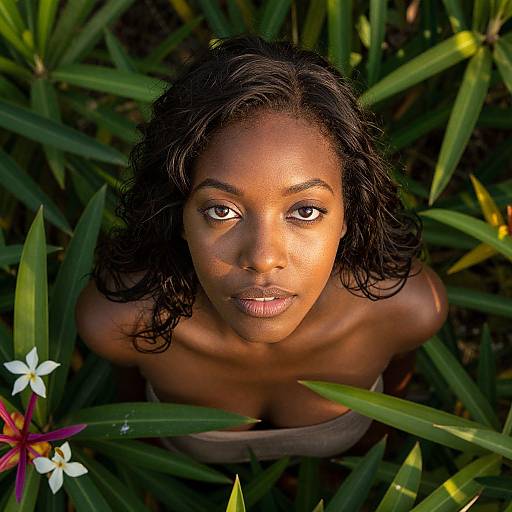 Photograph of a young Black woman with dark skin and wavy black hair, looking up with intense brown eyes, surrounded by lush green leaves and white