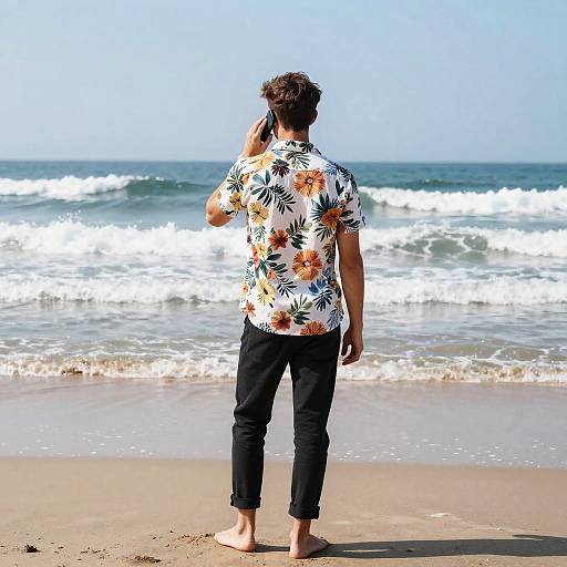 Young Man on Beach with Phone