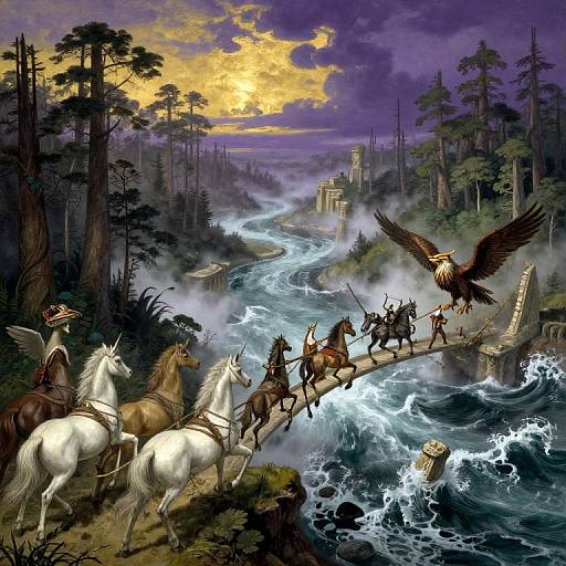 Fantasy painting: Knights on white and brown horses, eagle warrior, crossing turbulent river, medieval ruins, sunset, dark forest, vibrant colors.