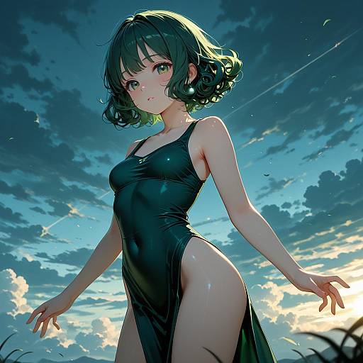 Anime Girl in Dark Green Dress at Sunset