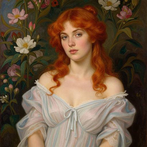 Digital painting of a fair-skinned, red-haired woman with wavy hair, wearing an off-shoulder, white, striped dress, surrounded by