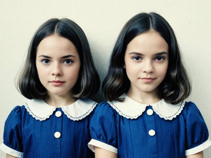 Two Girls in Blue Dresses with White Collars