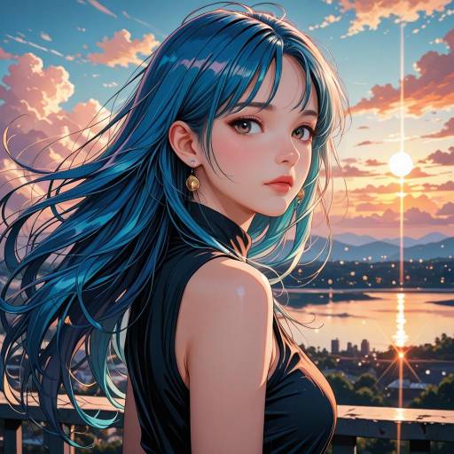 Woman with blue hair at sunset