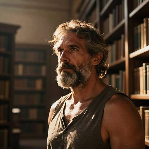 Photograph of a rugged, middle-aged man with a gray beard and tousled hair, wearing a sleeveless gray shirt, illuminated by sunlight in a