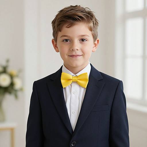 Photograph of a young boy with short brown hair, wearing a black suit, white shirt, and bright yellow bow tie, smiling in a bright,