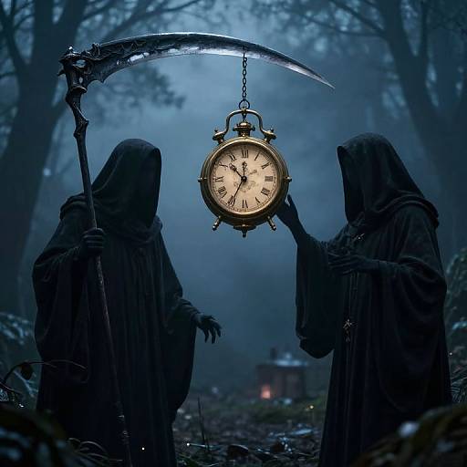 Photograph of two dark, hooded, skeletal figures in a foggy forest holding a glowing, antique clock with a scythe above it.