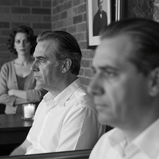 Black and white portrait of serious men with woman in background