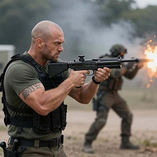 Bald Warrior in Action with Explosions