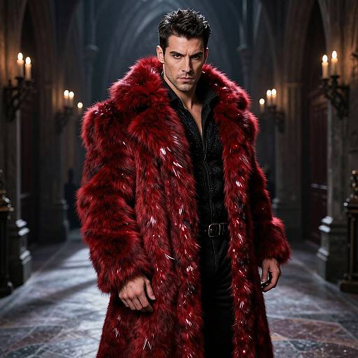 Photograph of a handsome, dark-haired man in a shiny, red fur coat with a black inner lining, standing in a dimly lit, go