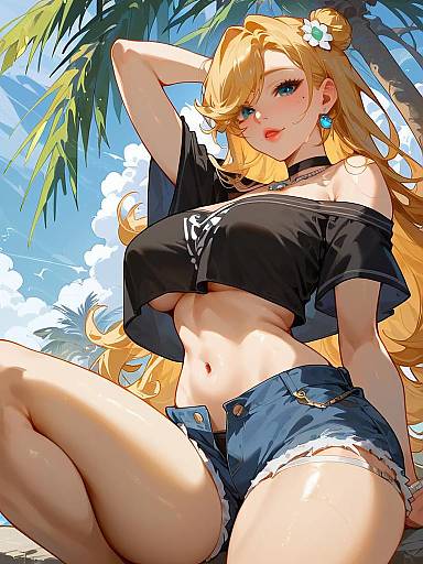 Stylish Woman in Ultra-Short Denim Shorts on Sunny Promenade