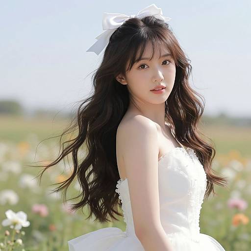 Photograph of an Asian woman with long, wavy black hair, wearing a white dress and bow headband, standing in a sunlit meadow