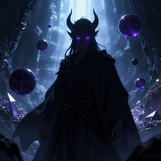 Digital art of a dark, mysterious horned figure with glowing purple eyes, surrounded by floating purple orbs in a blue-lit cavern.
