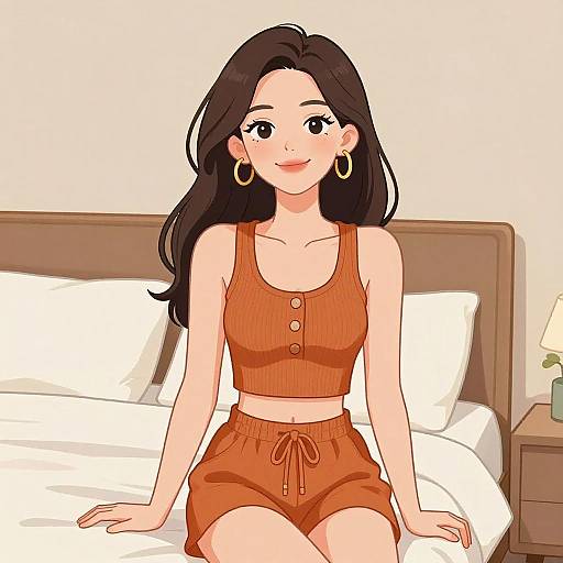 Digital anime-style illustration of a smiling, fair-skinned woman with long black hair, wearing orange crop top and shorts, sitting on a bed with white
