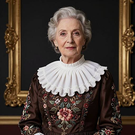Photograph of an elderly white woman with curly grey hair, wearing a black floral dress with a white ruffled collar, standing against a dark background with
