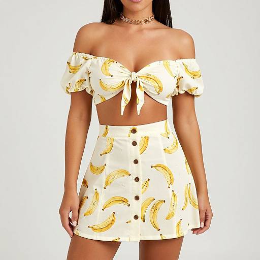 Photograph of a woman with long black hair, wearing a banana-patterned off-the-shoulder crop top and high-waisted mini skirt with