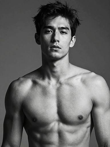 Black-and-white photograph of a shirtless, muscular Asian man with short, spiky hair, staring directly at the camera, highlighting his defined chest and