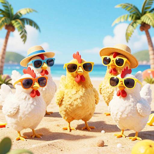 Chickens Wearing Sunglasses at Beach Party