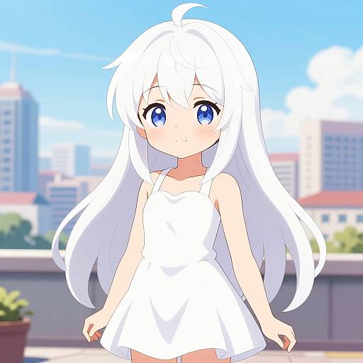 Anime-style digital drawing of a cute young girl with long white hair, blue eyes, wearing a white dress, standing on a balcony with a cityscape