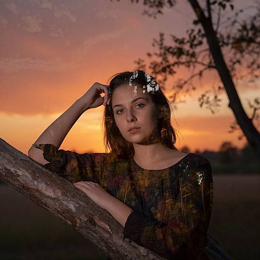 Photograph of a young woman with fair skin and brown hair, wearing a dark, patterned top, leaning on a tree against a vibrant orange and
