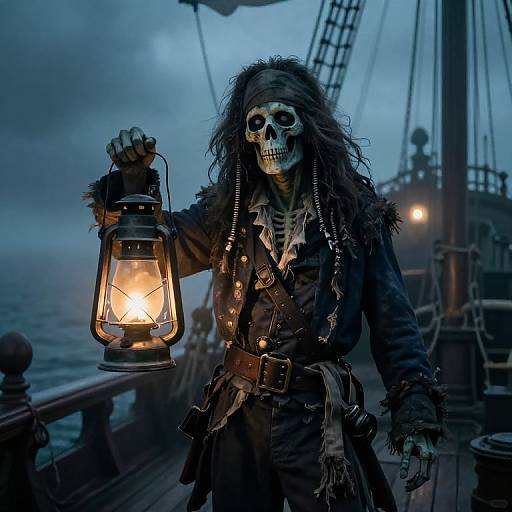 Photorealistic digital art of a skeletal pirate with long, wild hair holding a glowing lantern on a foggy, stormy ship deck.