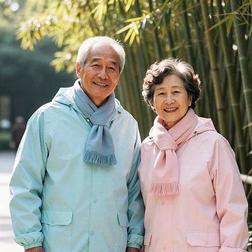 Elderly Couple in Pastel Raincoats, Sunlit Bamboo
