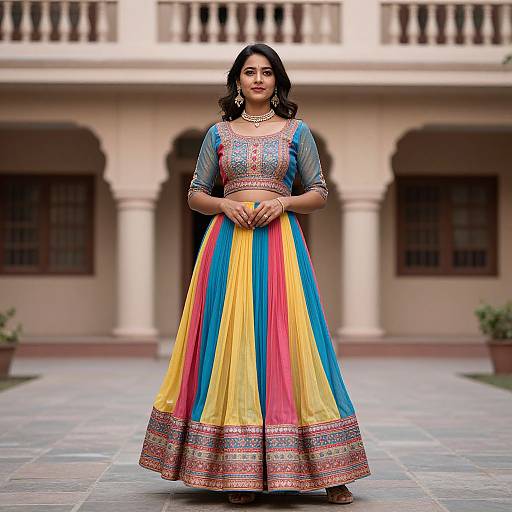Photograph of an Indian woman with medium skin tone, black hair, wearing a colorful traditional lehenga with blue, yellow, pink, and orange stripes