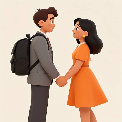 Digital illustration of a brown-haired man in a gray suit and black backpack holding hands with a black-haired woman in an orange dress and yellow earrings, both