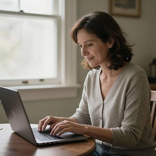 Photograph of a middle-aged woman with shoulder-length brown hair, wearing a gray cardigan, smiling while typing on a laptop at a wooden table in