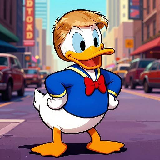 Cartoon duck with blond hair, blue sailor shirt, red bowtie, standing confidently on a bustling city street in vibrant colors.