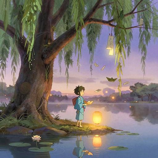 Fantasy Scene by Willow Tree with Boy and Paper Boats