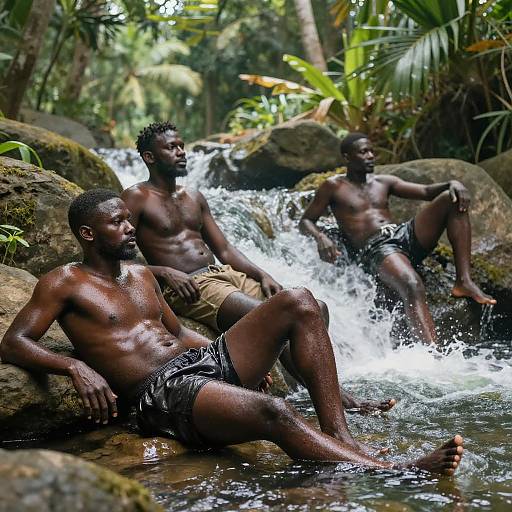 Three shirtless Black men with muscular physiques relax in a tropical forest stream, water splashing around them, wearing black shorts. Photographic image.