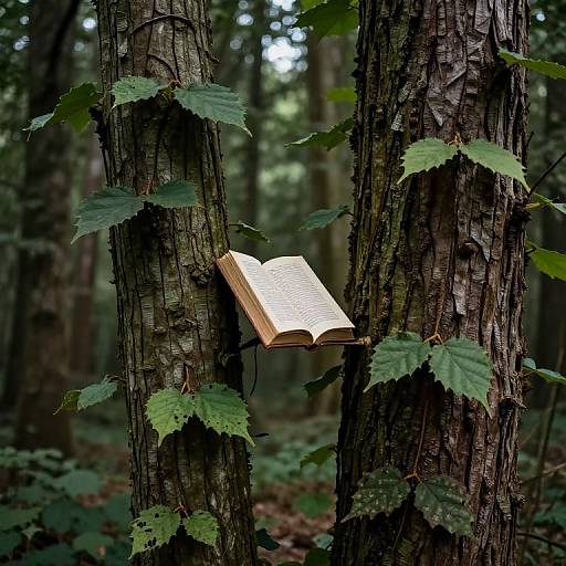 Photograph of an open book magically floating between two tall, textured tree trunks in a dense, green forest with visible leaves.
