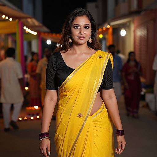 Photograph of a confident Indian woman with medium brown skin, wearing a bright yellow sari over a black top, walking down a bustling, brightly lit