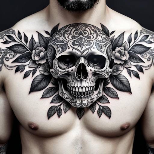 Decorative Skull Chest Tattoo with Floral Design