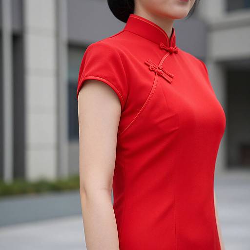 Photograph of an Asian woman in a vibrant red, short-sleeved cheongsam with a high collar, standing outdoors in front of a modern