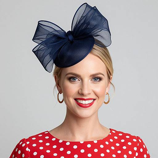 Photograph of a smiling woman with light skin, blue eyes, red polka dot dress, gold hoop earrings, and navy blue bow hat.