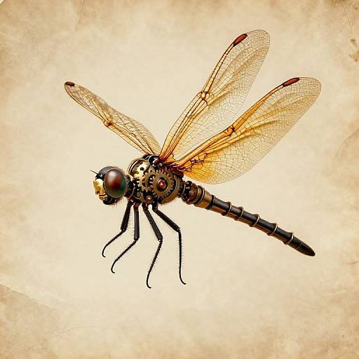 Close-up photograph of a detailed dragonfly with transparent, patterned wings, brown and black body, and large, shiny red eyes against a beige,