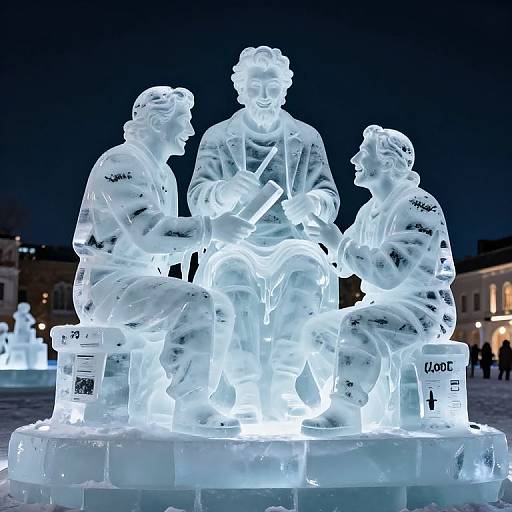 Photograph of a luminous, intricately carved ice sculpture featuring three classical figures in detailed, illuminated poses, set against a dark night background.