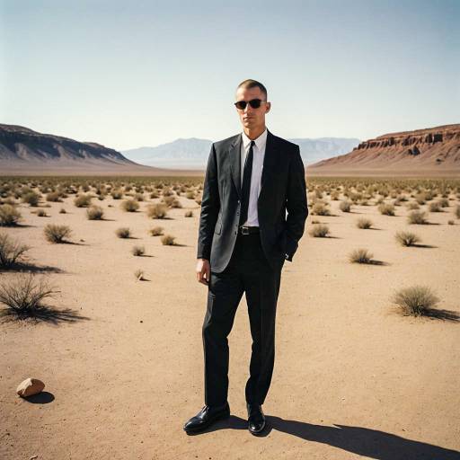 Man in Black Suit Standing in Desert Plateau
