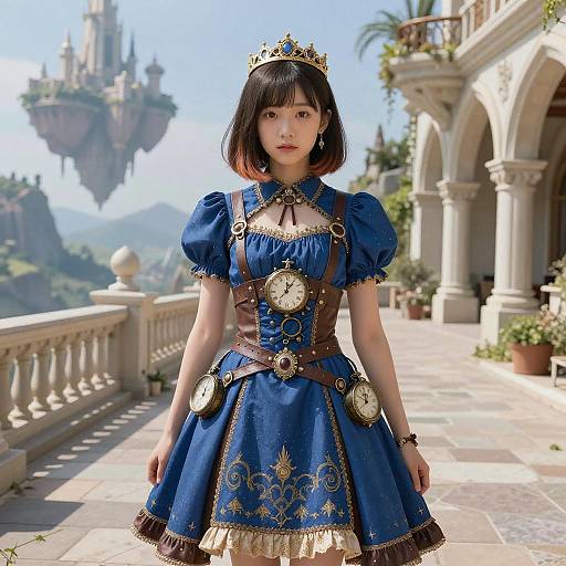 Young Girl in Blue Steampunk Dress and Crown