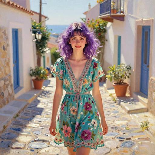 Photograph of a smiling woman with purple wavy hair, wearing a floral teal dress, standing in a sunlit, cobblestone Mediterranean alley with