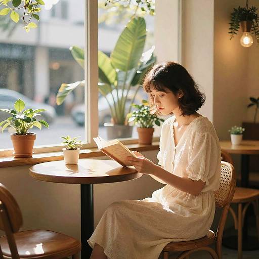 Photograph of a young woman with short dark hair, wearing a white, loose-knit dress, reading a book in a sunlit café with p