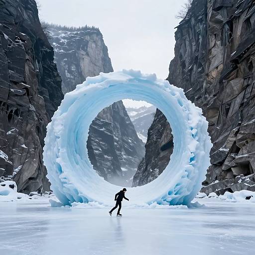 Photograph of a lone figure skating in front of a massive, ice-blue glacier arch between towering, snow-capped rock cliffs.