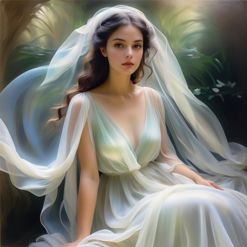 Ethereal Veiled Girl in Flowing Drapery